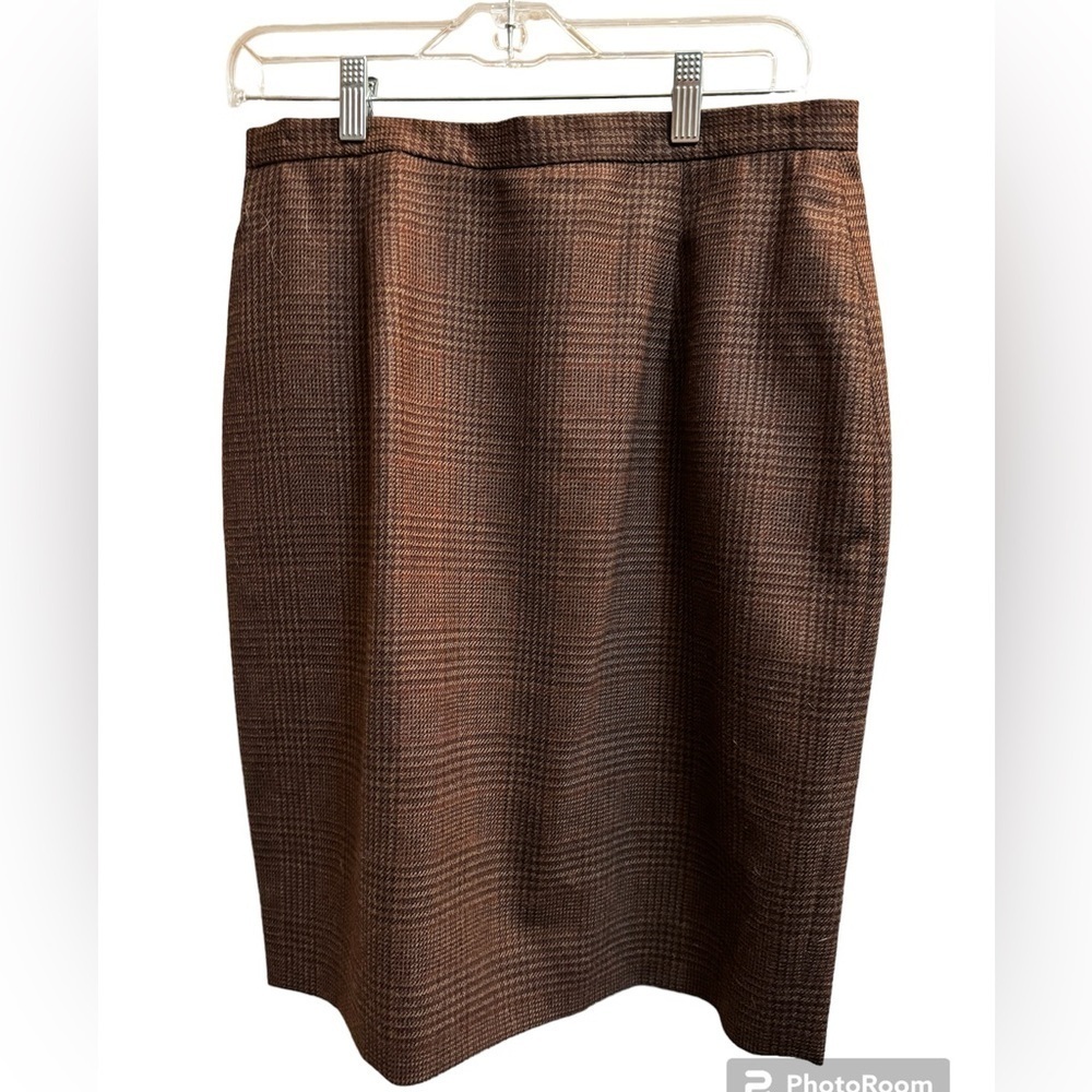 WOOL Beige Brown Plaid Lined herringbone Skirt SZ 14 Petite Pockets Worsted Wool